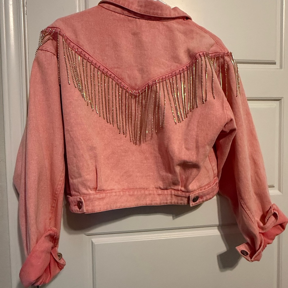 Pink Rhinestone Fringe Denim Jacket - Picture 2 of 2
